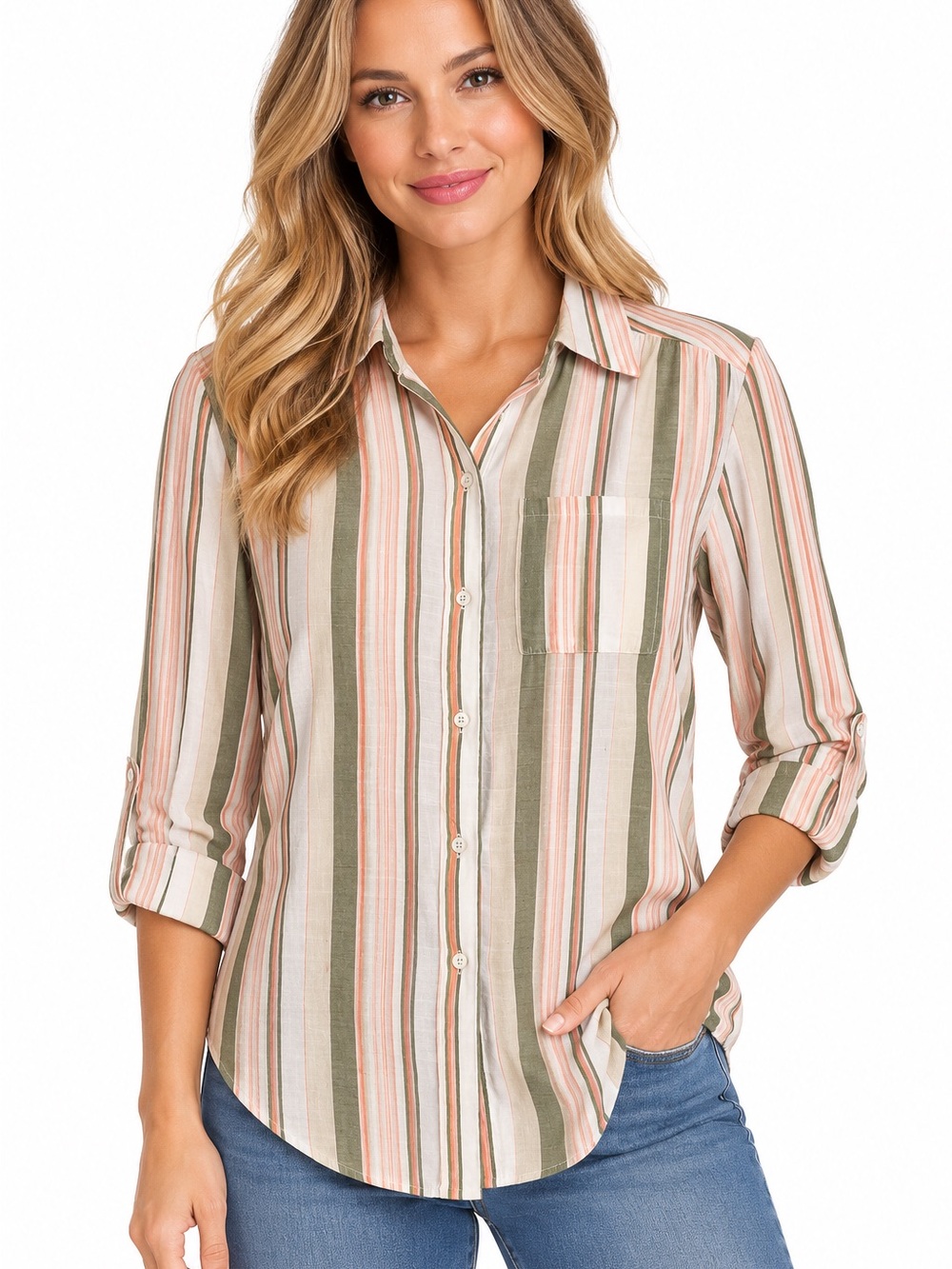 new directions Striped Button-Front Shirt — Olive, Blush & Cream - 1047